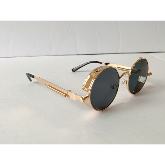 Steampunk Gothic Retro Round Circle Sunglasses Gold Metal Frame Gray Lens C12 - Picture 3 of 9